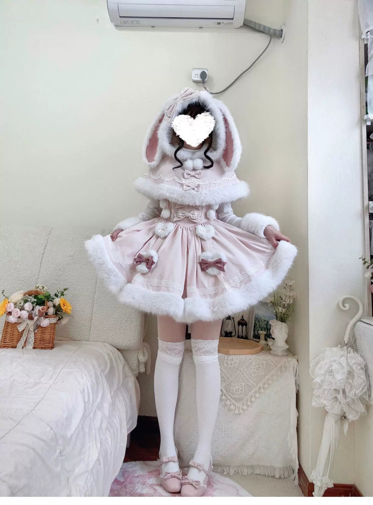 Sweet Dream Bunny - Sweet Lolita Cape & JSK Dress Set, Faux Fur Bunny Ear 46120:875802