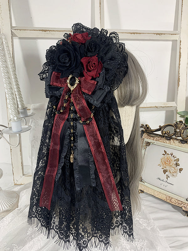 Sweet Jelly Lolita - Gothic Lolita Hanamaru Headpiece Lace Headdress Black x Wine Red
