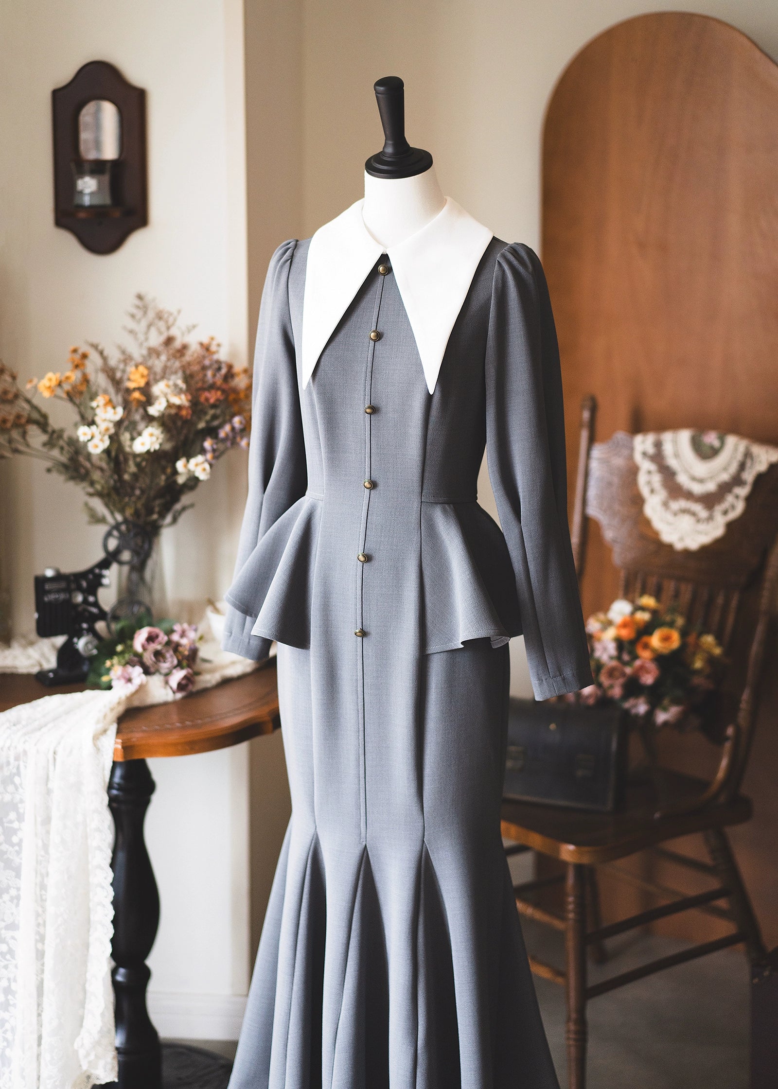 Forest Wardrobe - Breezy Forest - Classic Lolita Mermaid Dress Elegant Retro Dress Grey (without lining) S Pre-order