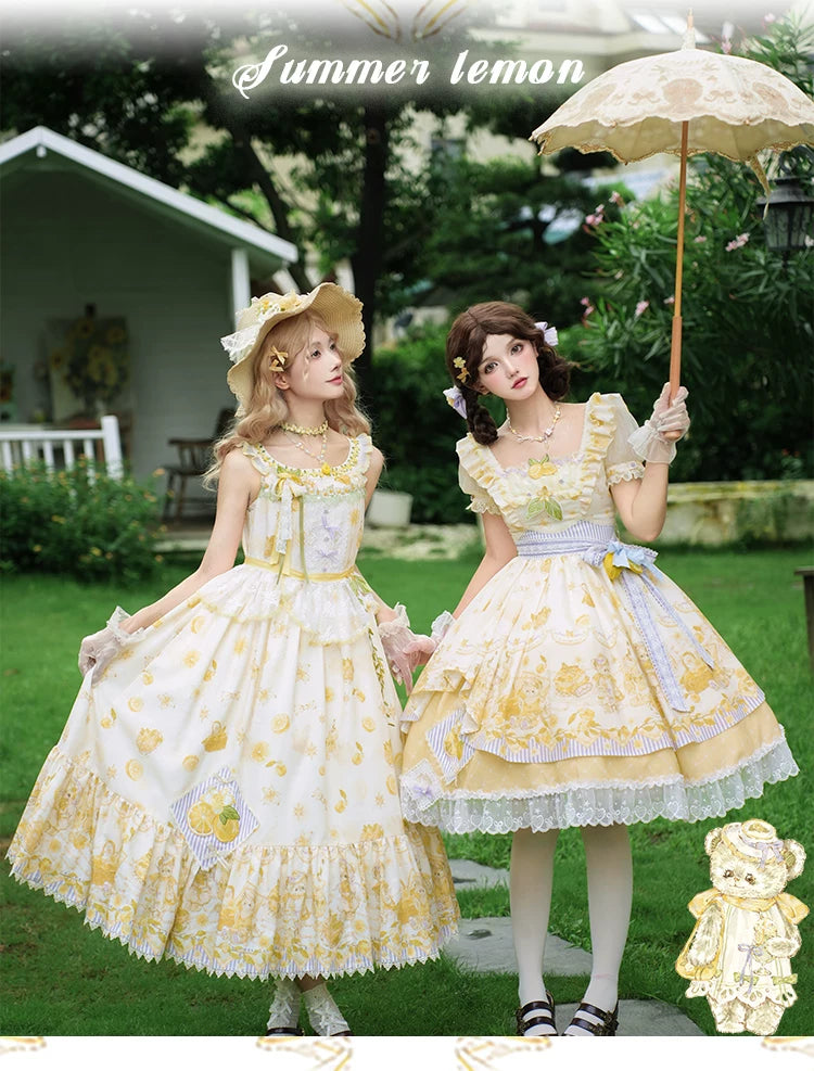 Lemon Drop - Classic Lolita Lemon & Bear Printed OP Dress 45501:851098