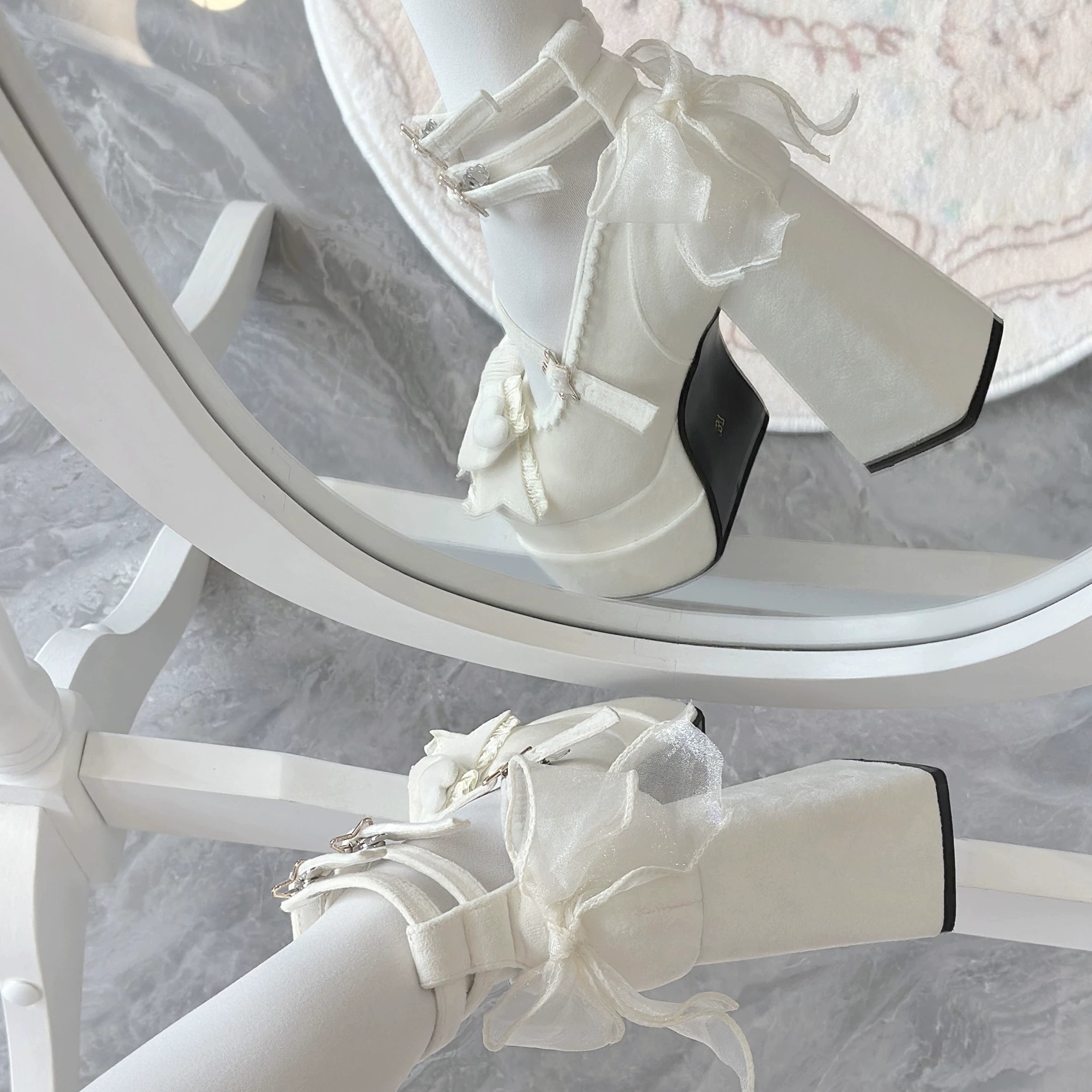 Puff Party - Elegant Lolita Chunky Heel Shoes, Bow & Straps