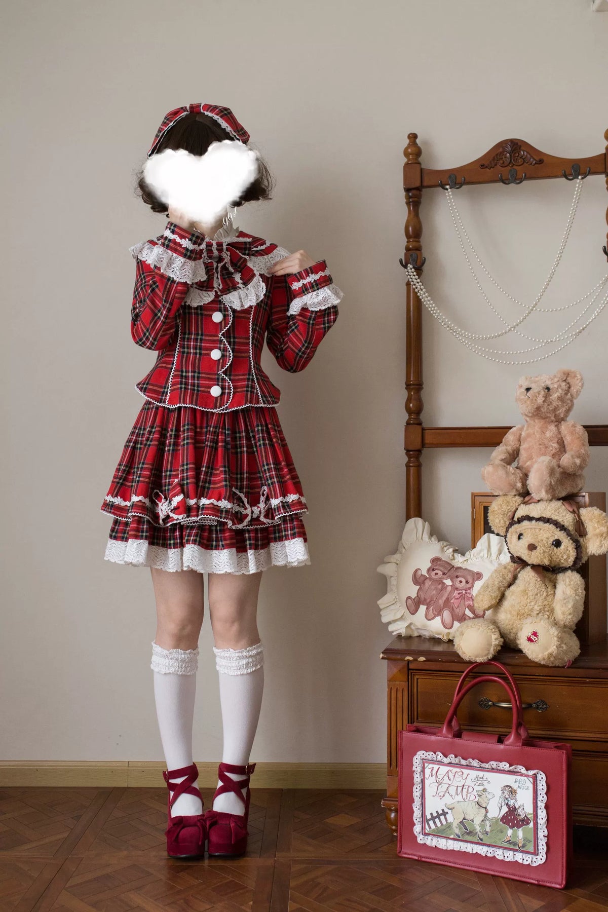 Christmas Knot - Christmas Old School Lolita Jacket & Skirt Set, Red Plaid 46051:873307