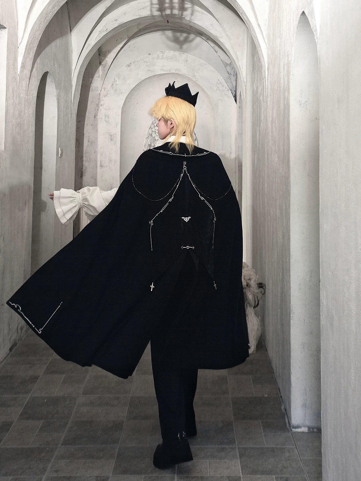 Hidden Crow - Ouji Lolita Cloak & Pants Suit, Silver-Thread Embroidery 46041:873257