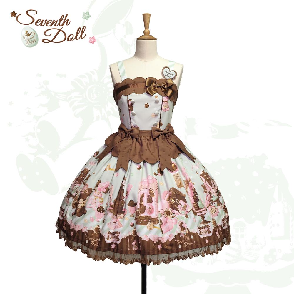 Chocolate Bunny - Printed Kawaii Lolita JSK, Short-sleeved Dress (L M S XL) 44614:814882
