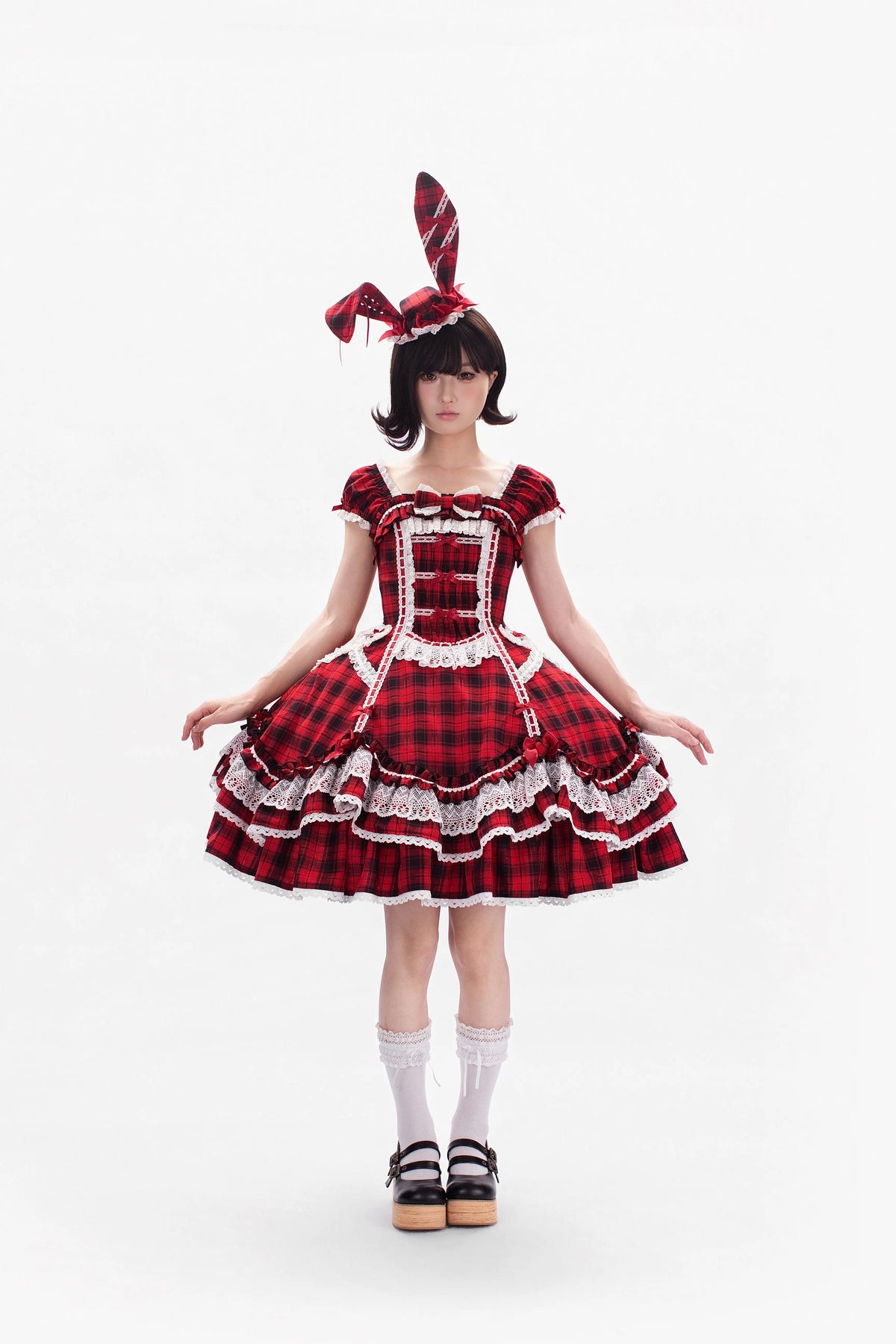 Plaid Lace Bunny - Old School Lolita Plaid OP Dress, Lace Trim (L M S XL XS / Pre-order) 45992:871294