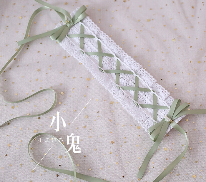 Xiaogui - Japanese Style Sweet Lolita Lace Headband Multicolors White Cotton + Matcha Green