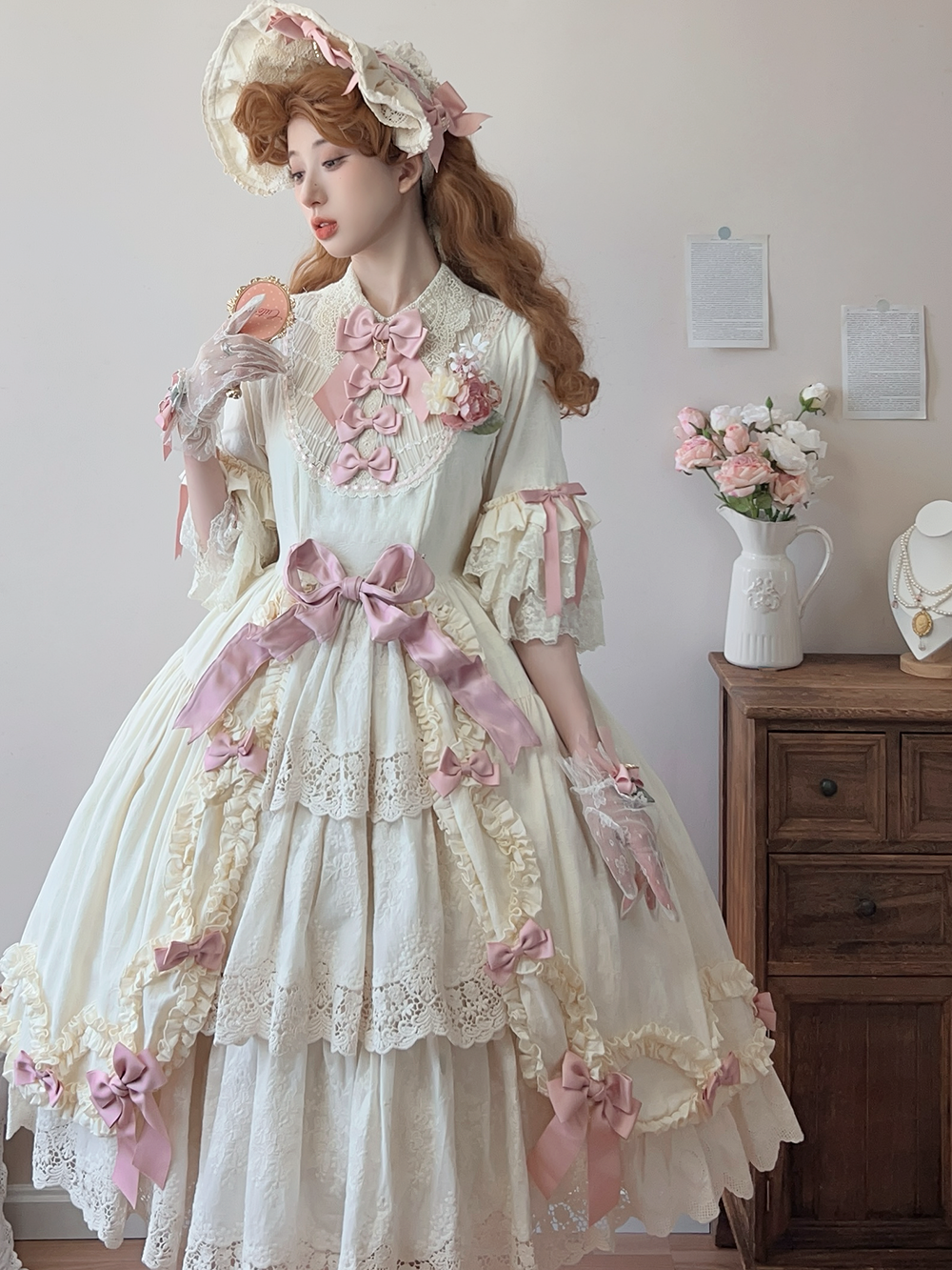 Miss Point~Lilyka Garden~Classic Lolita OP Dress Set Elegant Floral Wall Princess Sleeve 38832:606392
