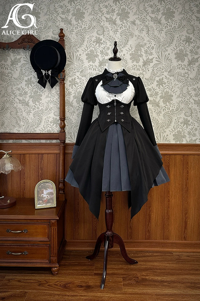 (BFM)Alice Girl~Two-Piece Lolita Dress~Detective Butler Blazer Long Sleeve OP XS Black (jacket + short OP dress) 