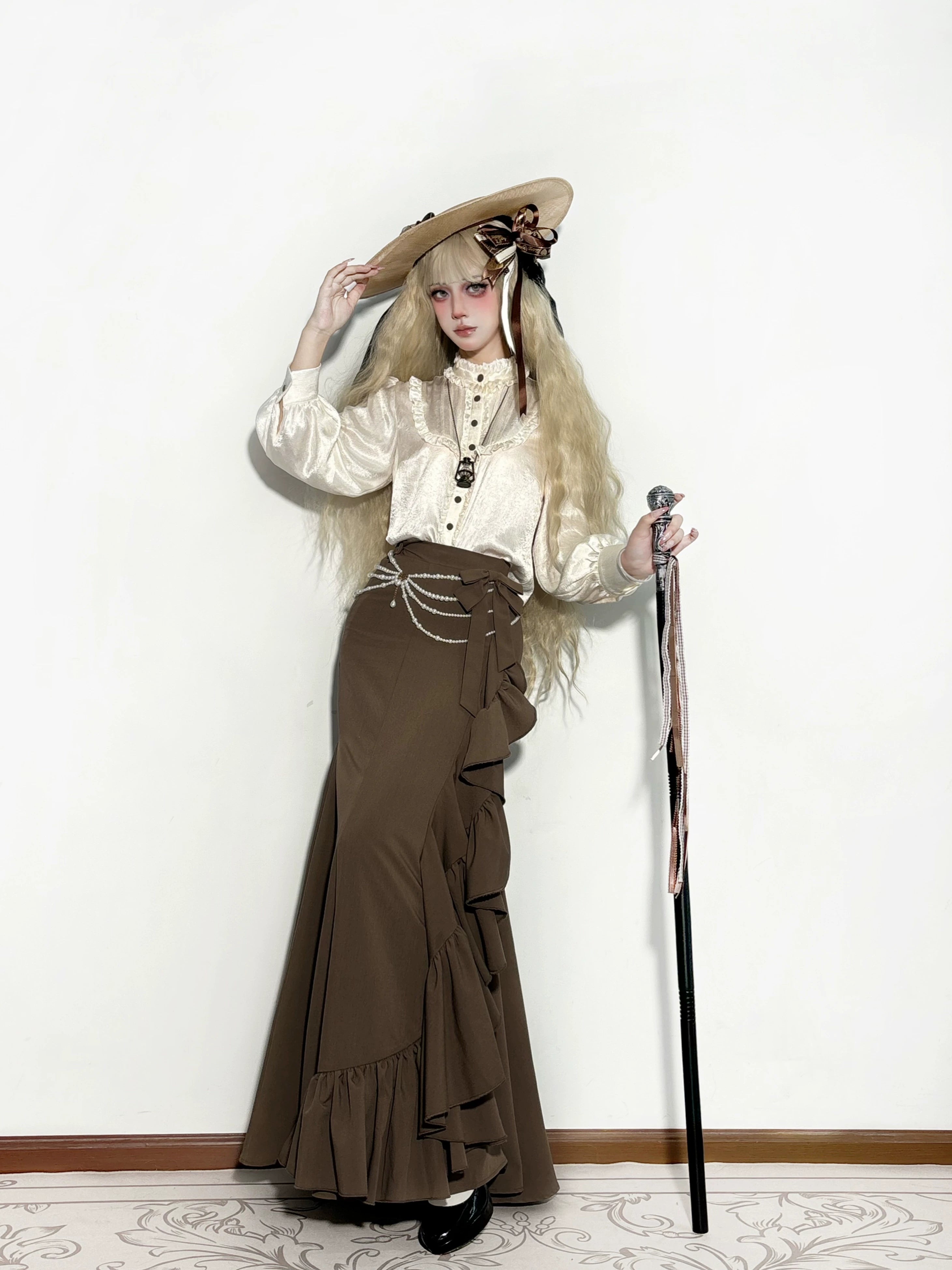 Muyu Handmade Studio - Evening Whispers of London - Brown Classic Lolita OP Dress, Mermaid Skirt Outfit 43993:791971
