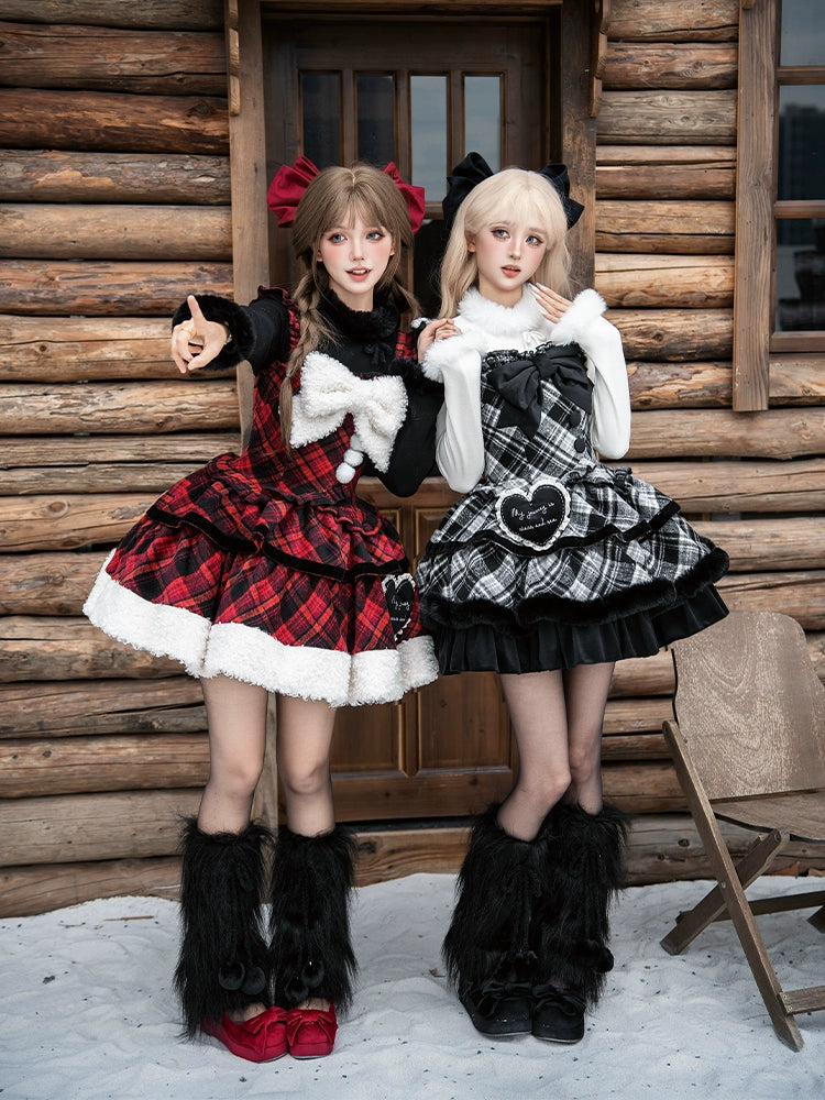 With PUJI - Snow Night Serenade - Fluffy Plaid Kawaii Lolita JSK, Reversible Cape 44279:802355