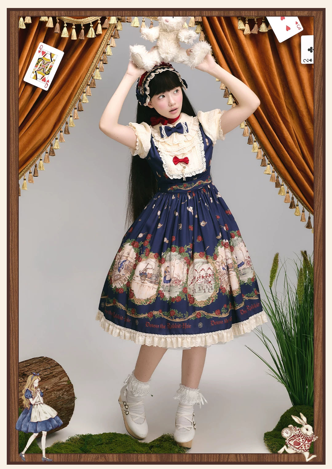 Down the Rabbit Hole - Daily Wear Classic Lolita OP & JSK Dress, Alice in Wonderland Print 46008:871962