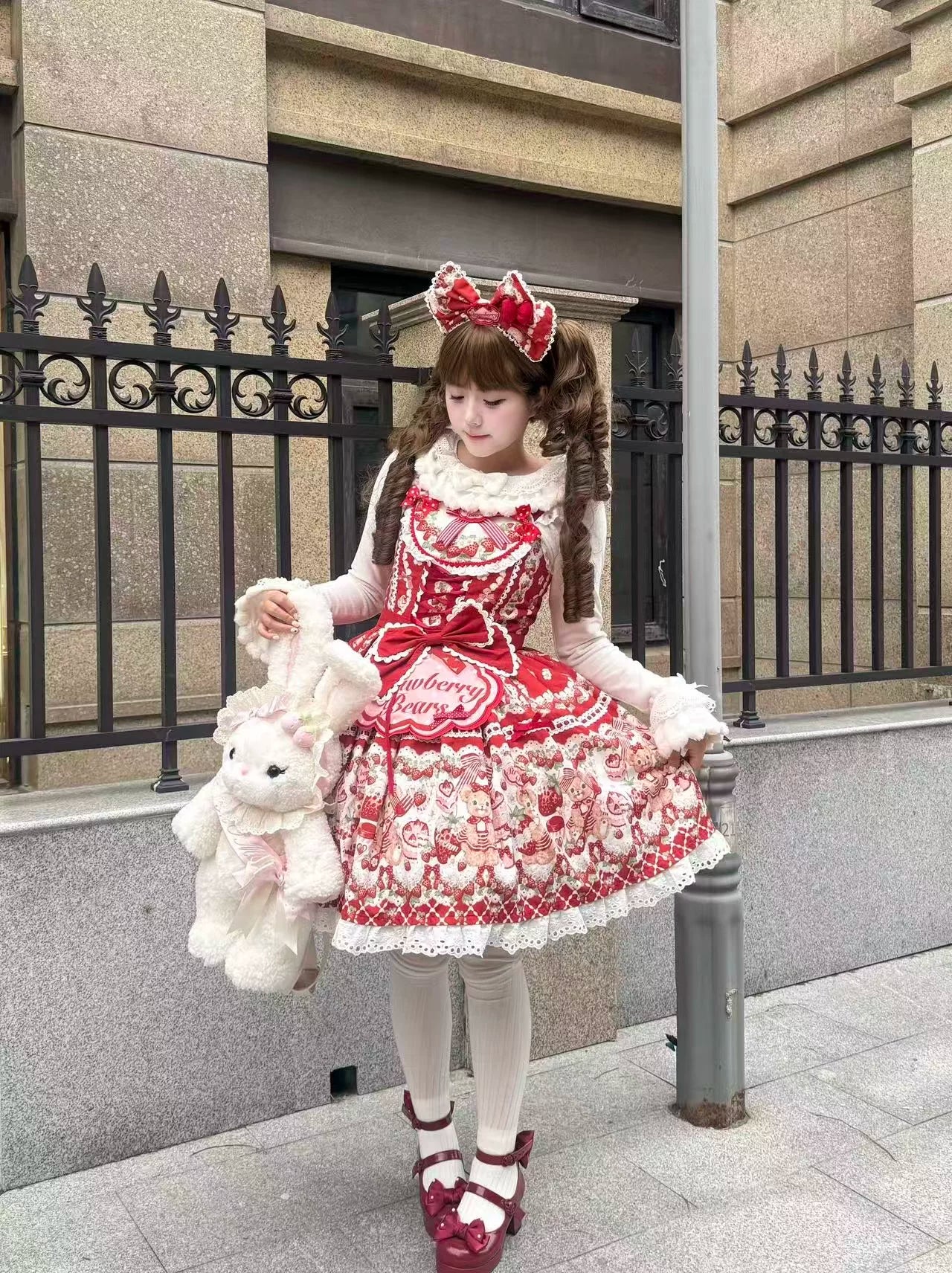Strawberry and Bear - Printed Sweet Lolita JSK Dress, Heart Shaped Collar Shirt Red JSK + Short Sleeve Shirt + KC S