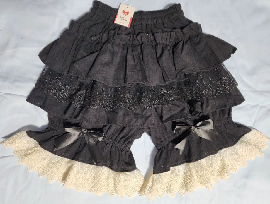 WangYan&Summer - Cotton Lolita Bloomer Jacquard Multi-layer Pumpkin Bloomers Pants One Size Black pants + beige lace + black bow