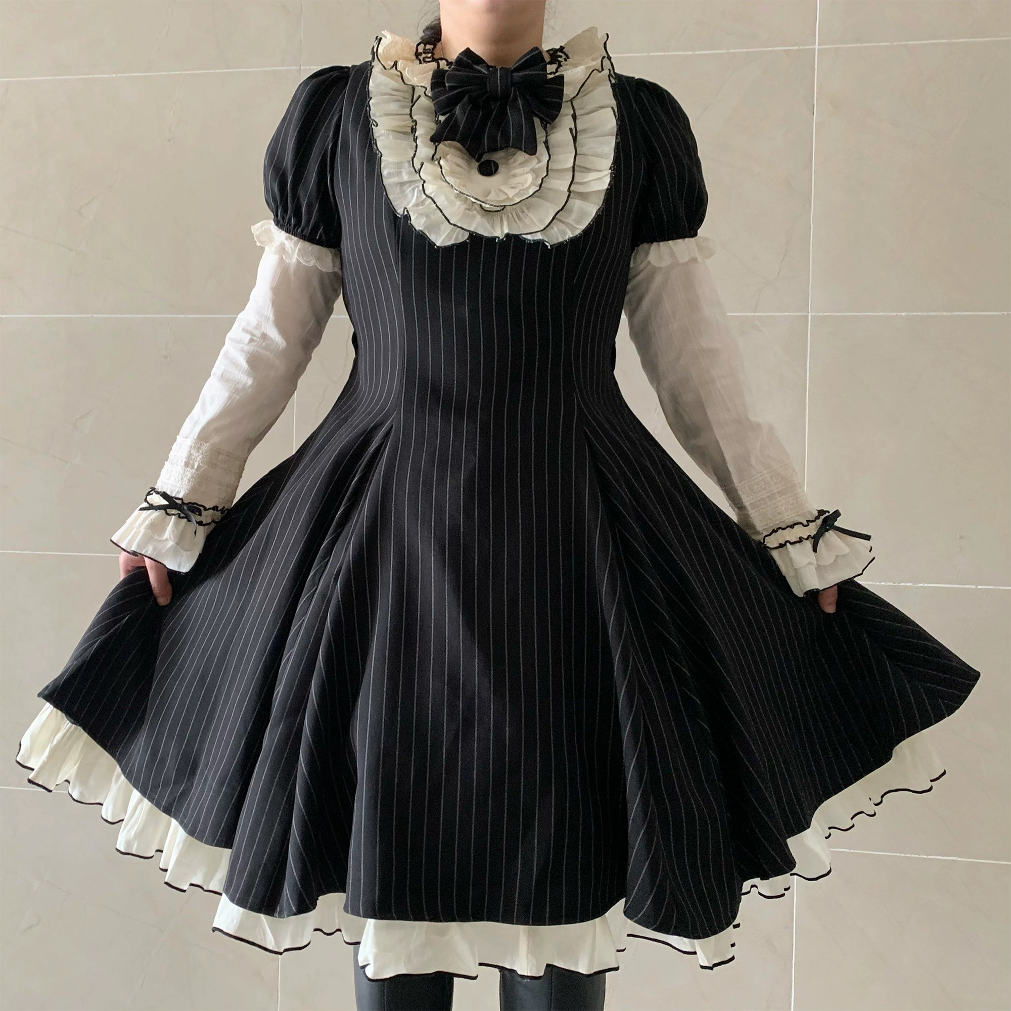 Chubby Cat Diary - Afternoon Tea - Striped Sweet Lolita OP, Petal-Ruffled Apron (2XL 3XL L M S XL) 44318:804521