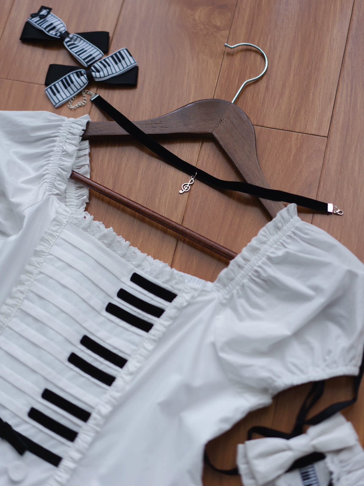 Piano's Letter - Cotton Old School Lolita OP Dress Set, Piano Note Embroidery 46029:873019