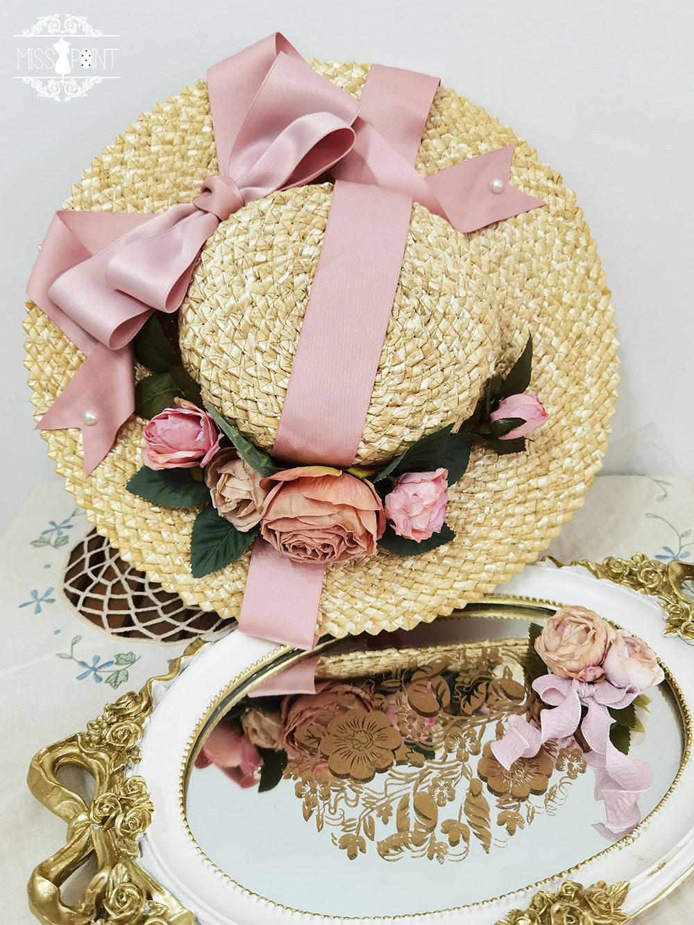 Miss Point - Lilyka Garden - Classic Lolita Headdress and Necklace Brooch Bow Trailing Wide-Brim Hat - Pink Bow