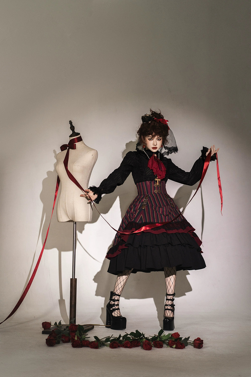 (Buyforme)Miss Point~Customized Lolita Elegant Striped High Waisted Fishbone SK 21544:312536