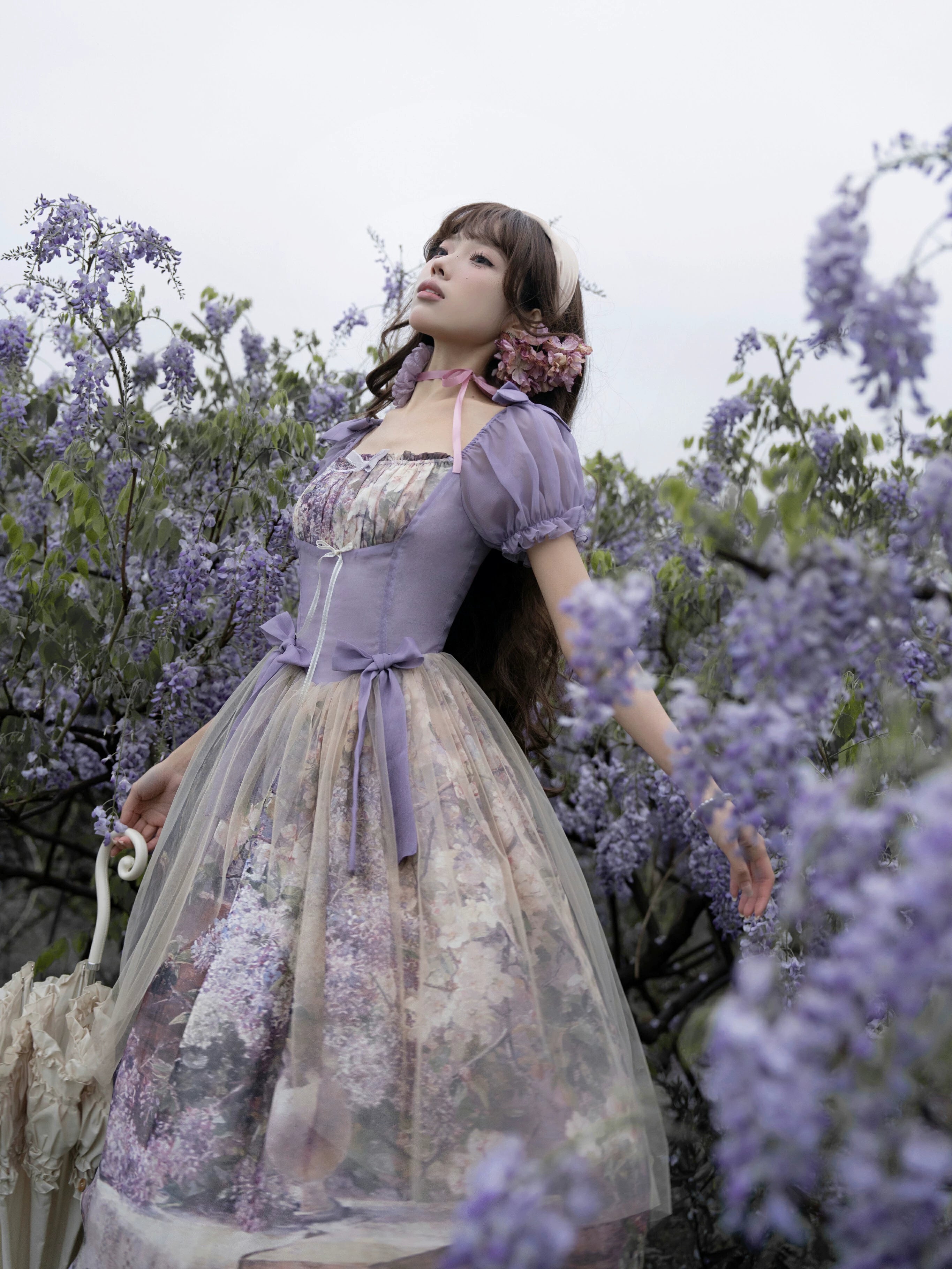 Cyan Lolita - Blooming Tree Shade - Elegant Lolita OP Oil Painting Print Bow Dress
