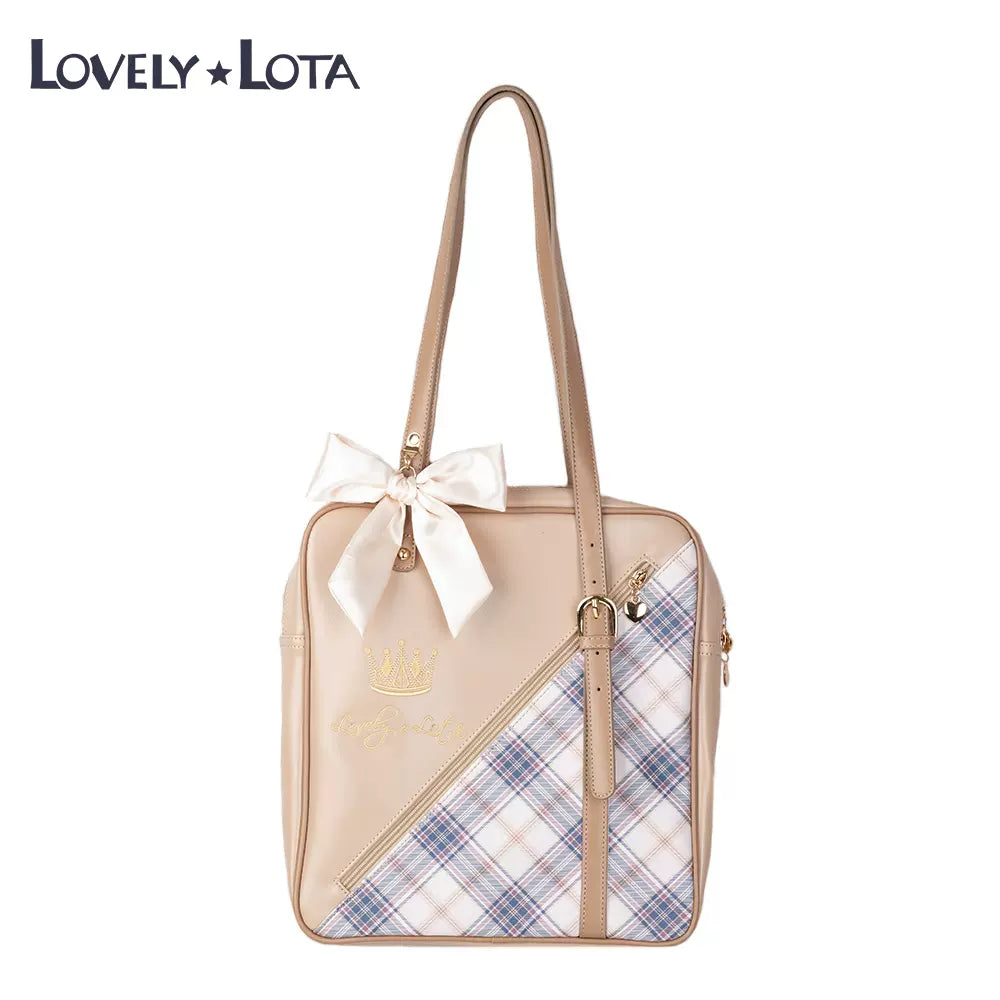 Lovely Lota - Vintagle Lolita Round Butterfly Moon Bag Big Plaid - khaki