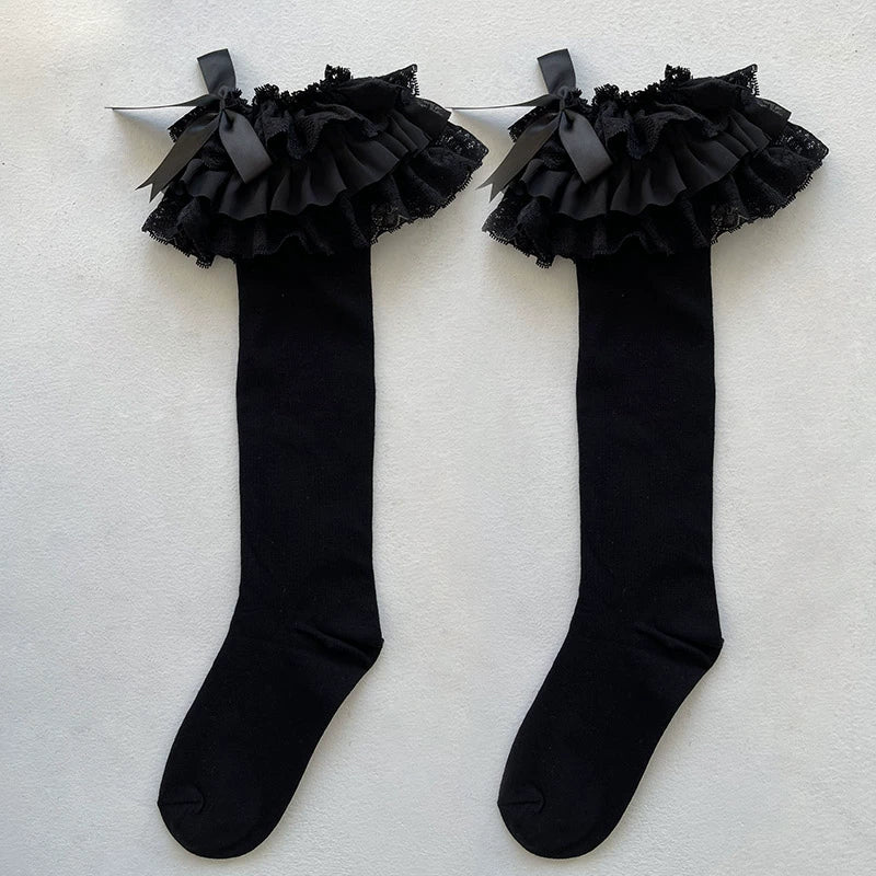 WAGUIR - Lolita Bow Cotton Socks Lace Socks One Size Black with Black Lace - Long Version