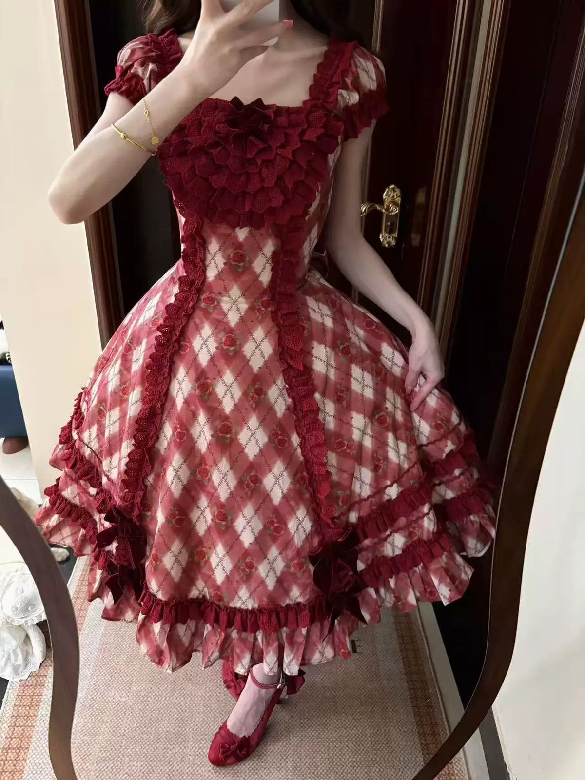 Red Pencil - Old School Lolita OP Dress, Salon de the Rose Print 46099:875144