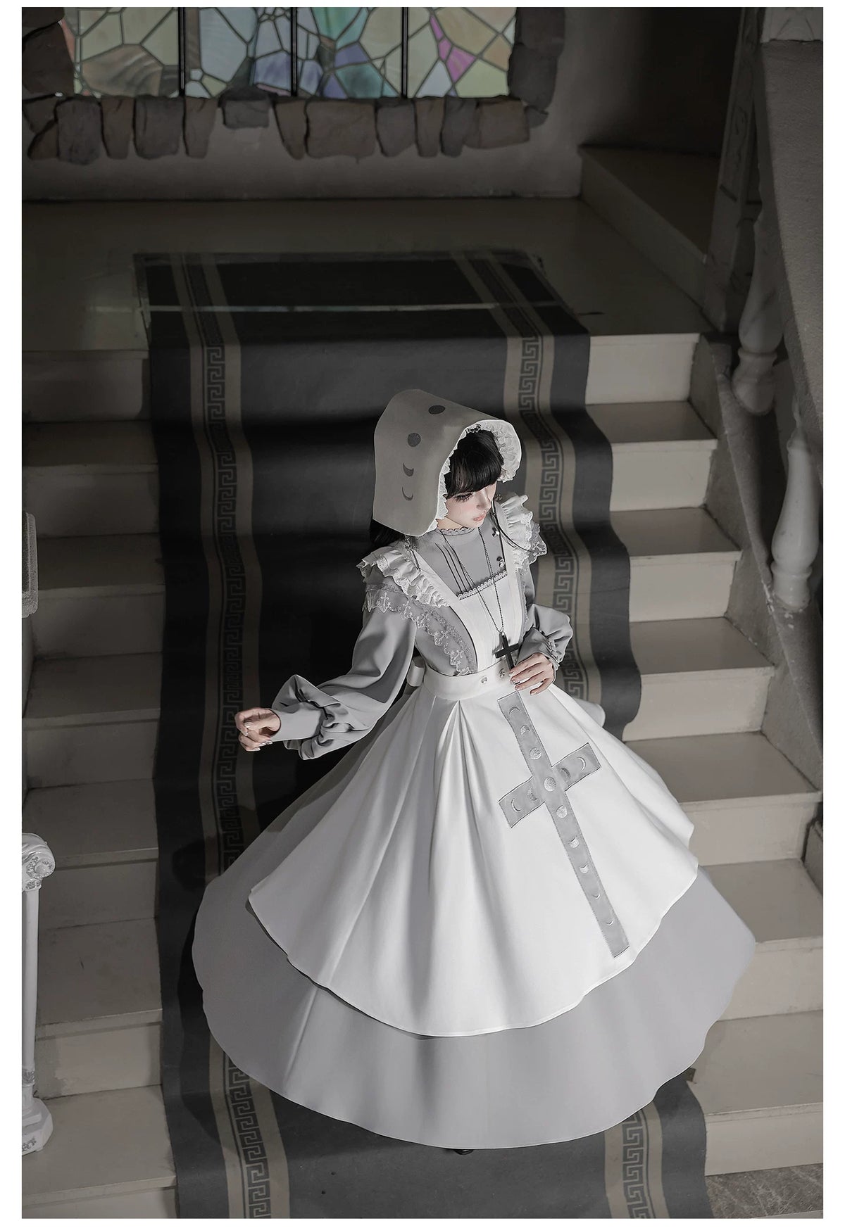 Moon Phase - Gothic Lolita OP Dress Set, Detachable Cross-Shaped Apron 46035:873409