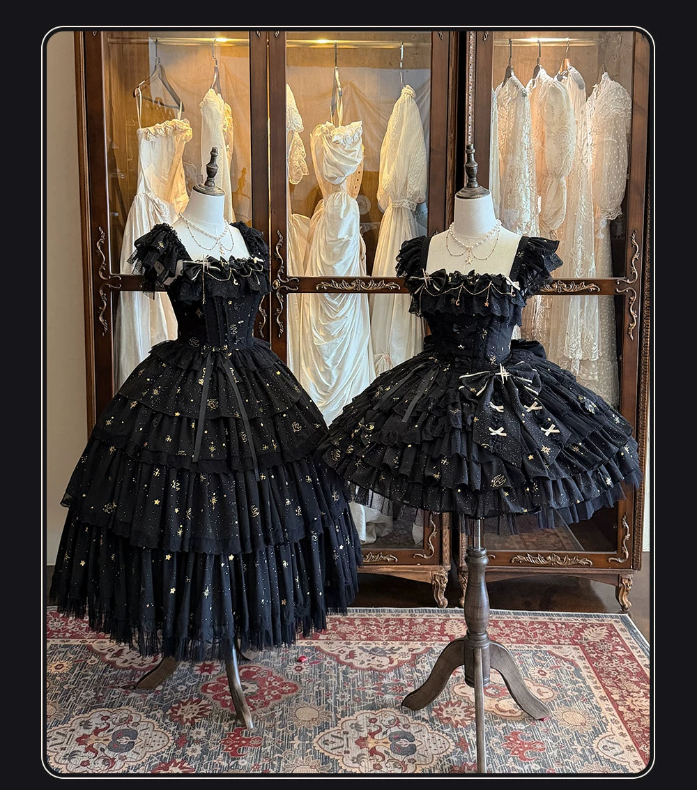 Elegant Gothic Lolita JSK Dress, Gold Foil Star & Moon Print