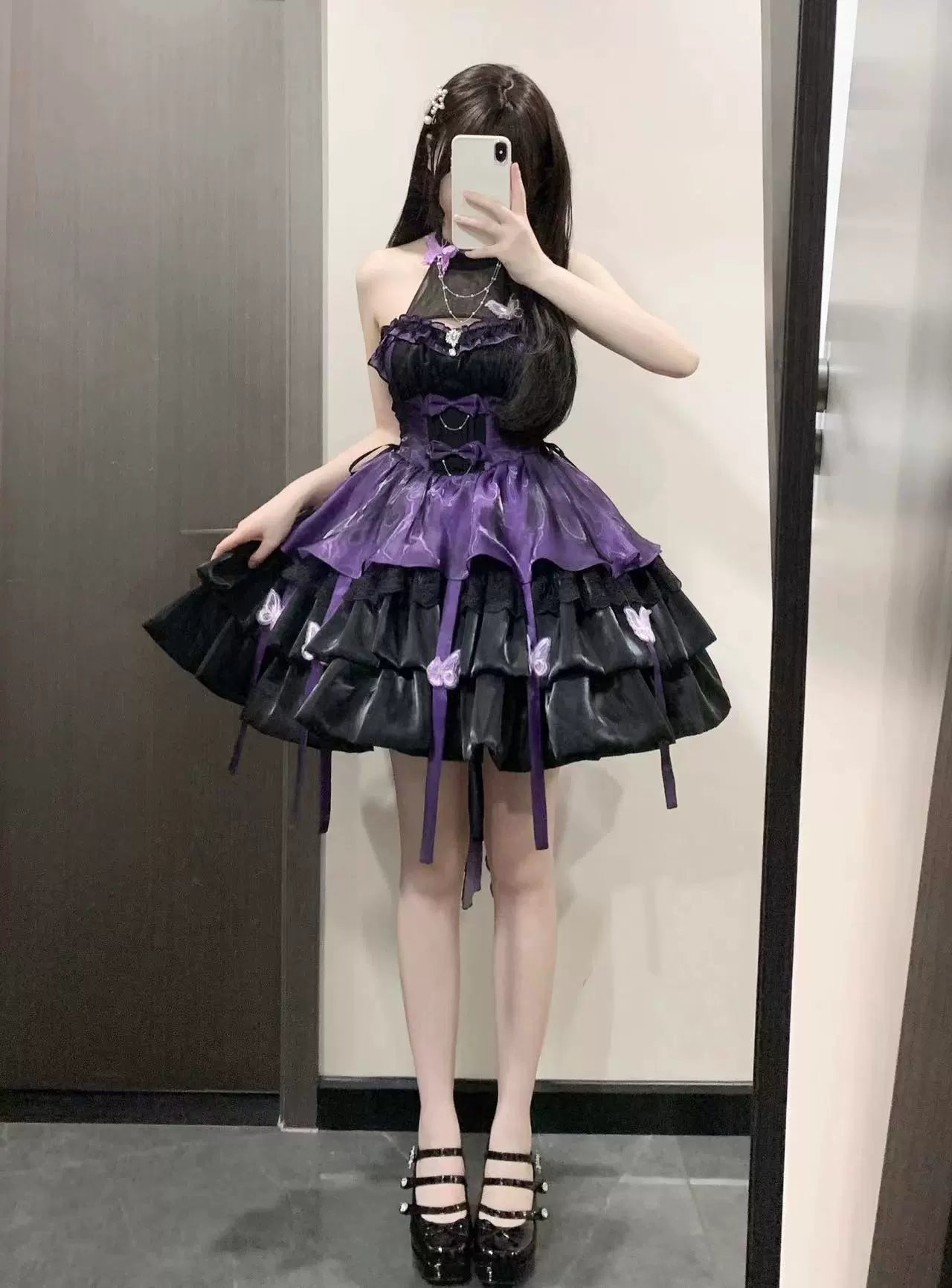 Platycodon House - Love Goddess - Elegant Lolita Dress Halter Puff Princess JSK Dress XS black and purple dress - halter style (without trailing veil)
