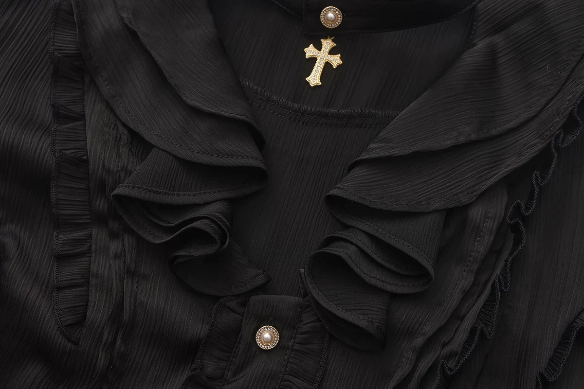 Eternal Rabbit Invitation - Ouji Lolita Vintage Long Sleeve Blouse, Ruffles V-Neck