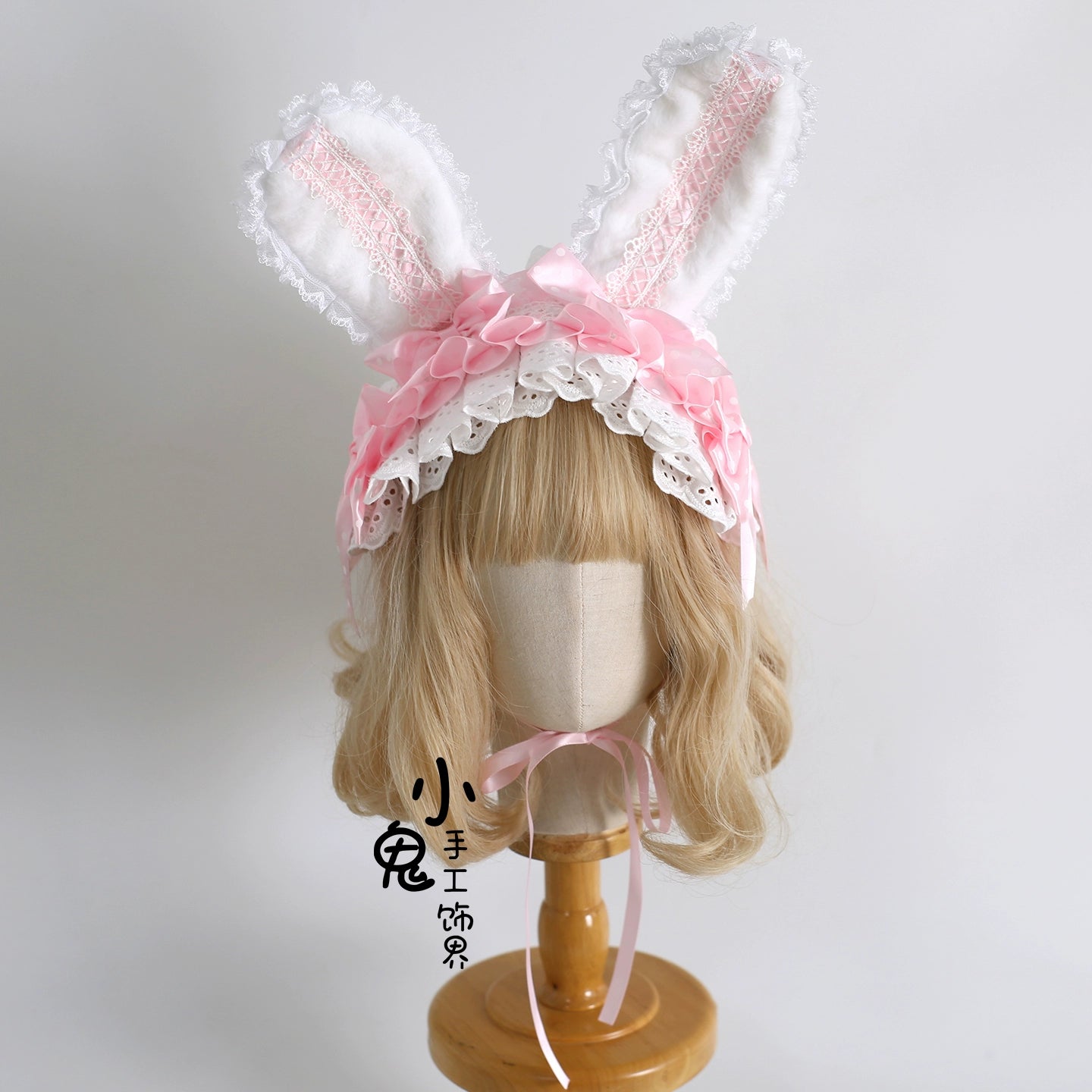 Xiaogui - Sweet Lolita Polka Dot Lace Hairband, Shapeable Bunny Ears (Pink) 44127:797241