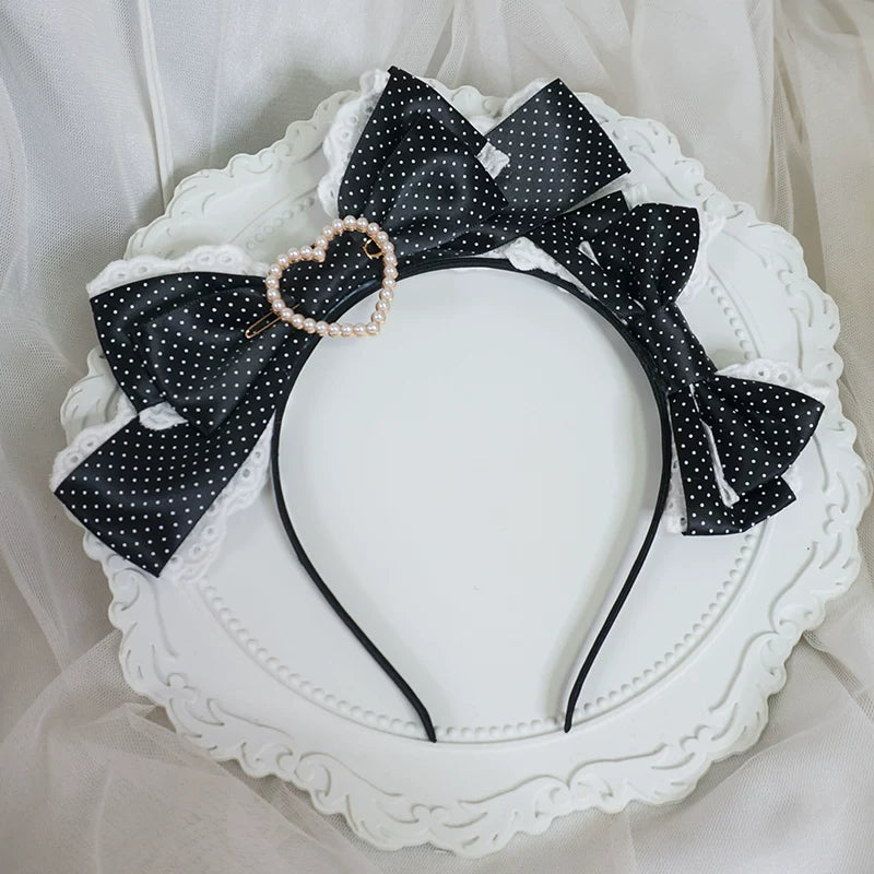 Polka Dot Lolita KC, Heart-shaped Decoration Black - Double Bow KC + Pearl Heart