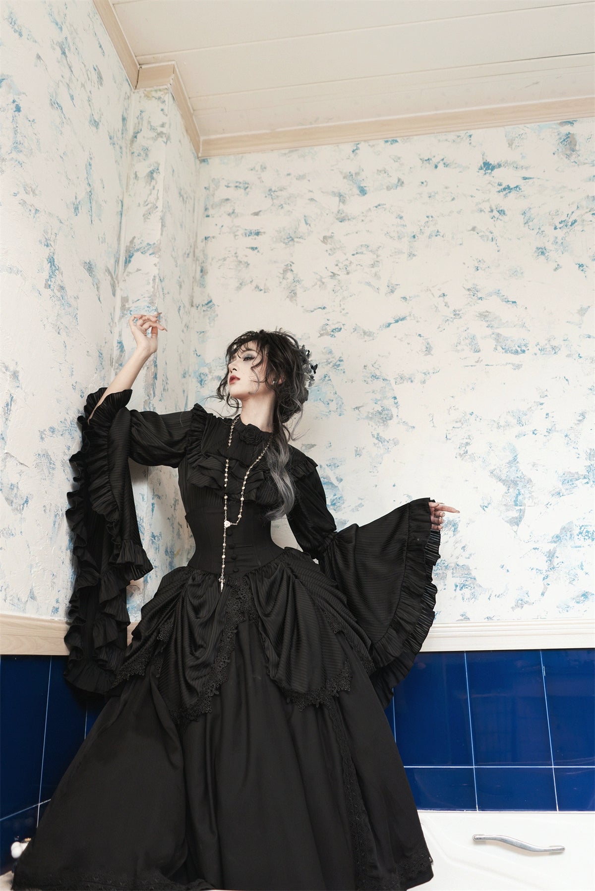 Muppet Mind Ben - Dreaming - Gothic Lolita Skirt Fishbone Long Skirt Ruffled Hem 36858:608378