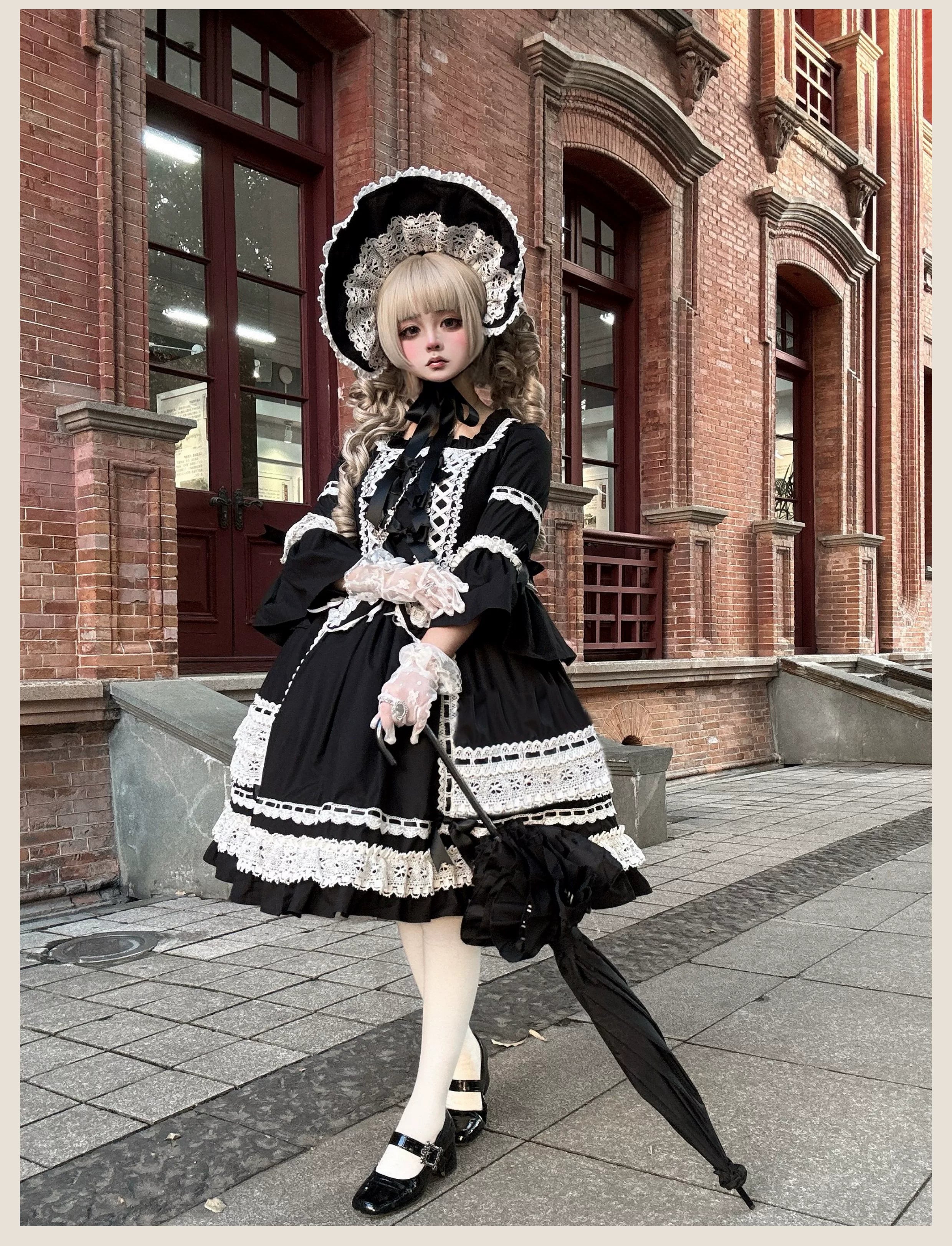 First Otome - Black Old School Lolita OP Dress, Lace Details