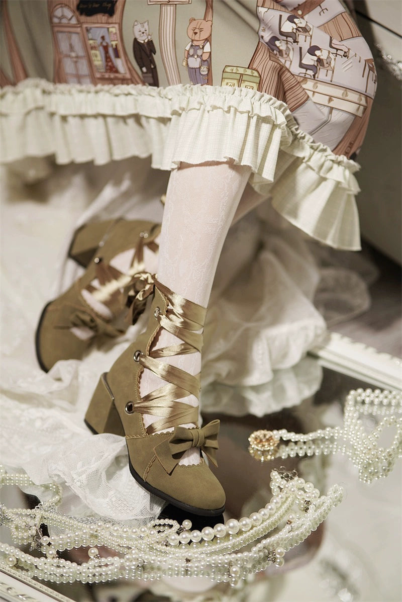 MR.Qiutian - Muse Kiss - Elegant Lolita Shoes Lace-up Bow Heels Round Toe