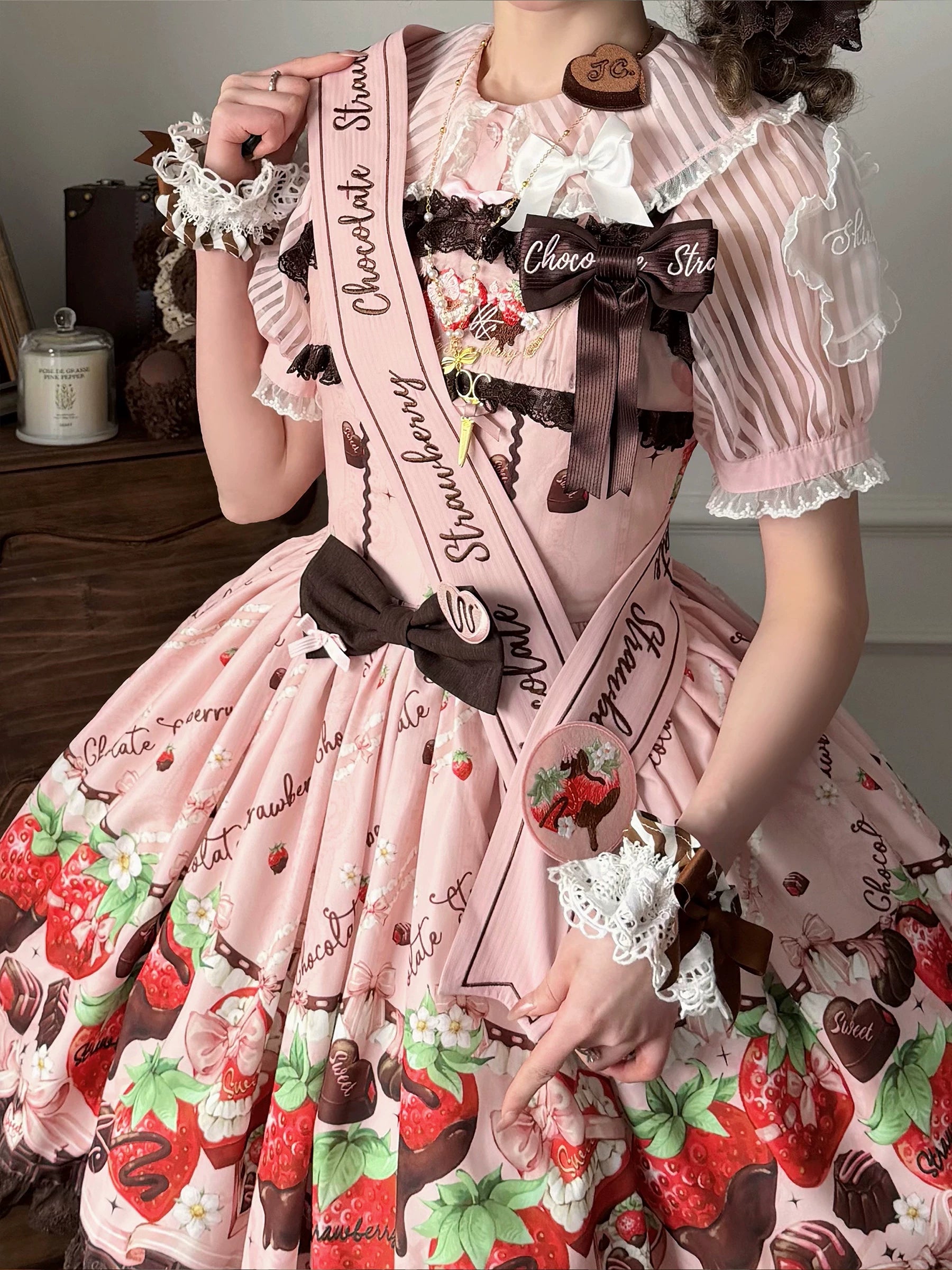 Strawberry Chocolate Lovers - Kawaii Lolita Embroidered Printed Dress 44882:841000