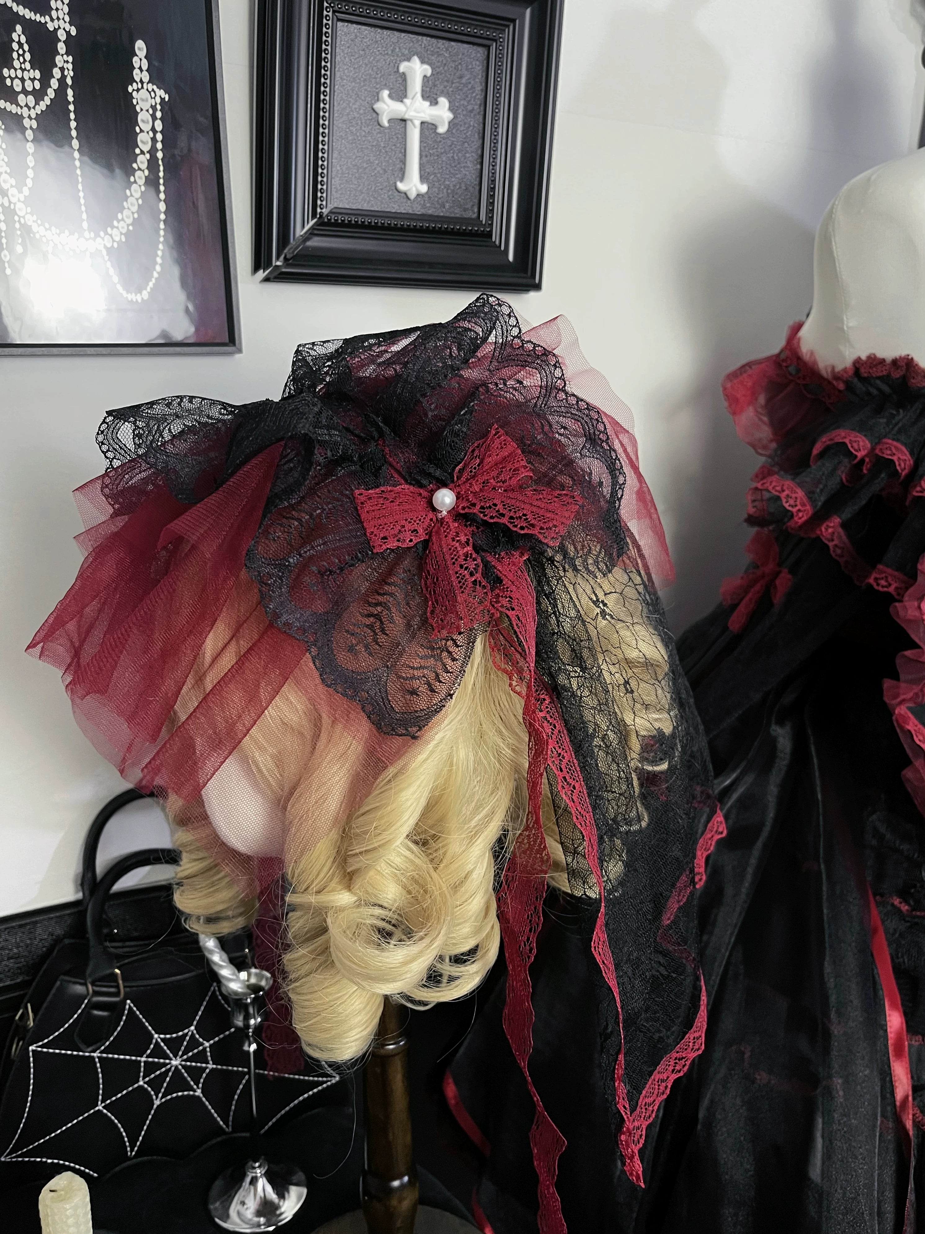 Cascading Poetry - Gothic Lolita JSK Dress, Lace & Tiered Hem Headdress Only (one size / choose M) S