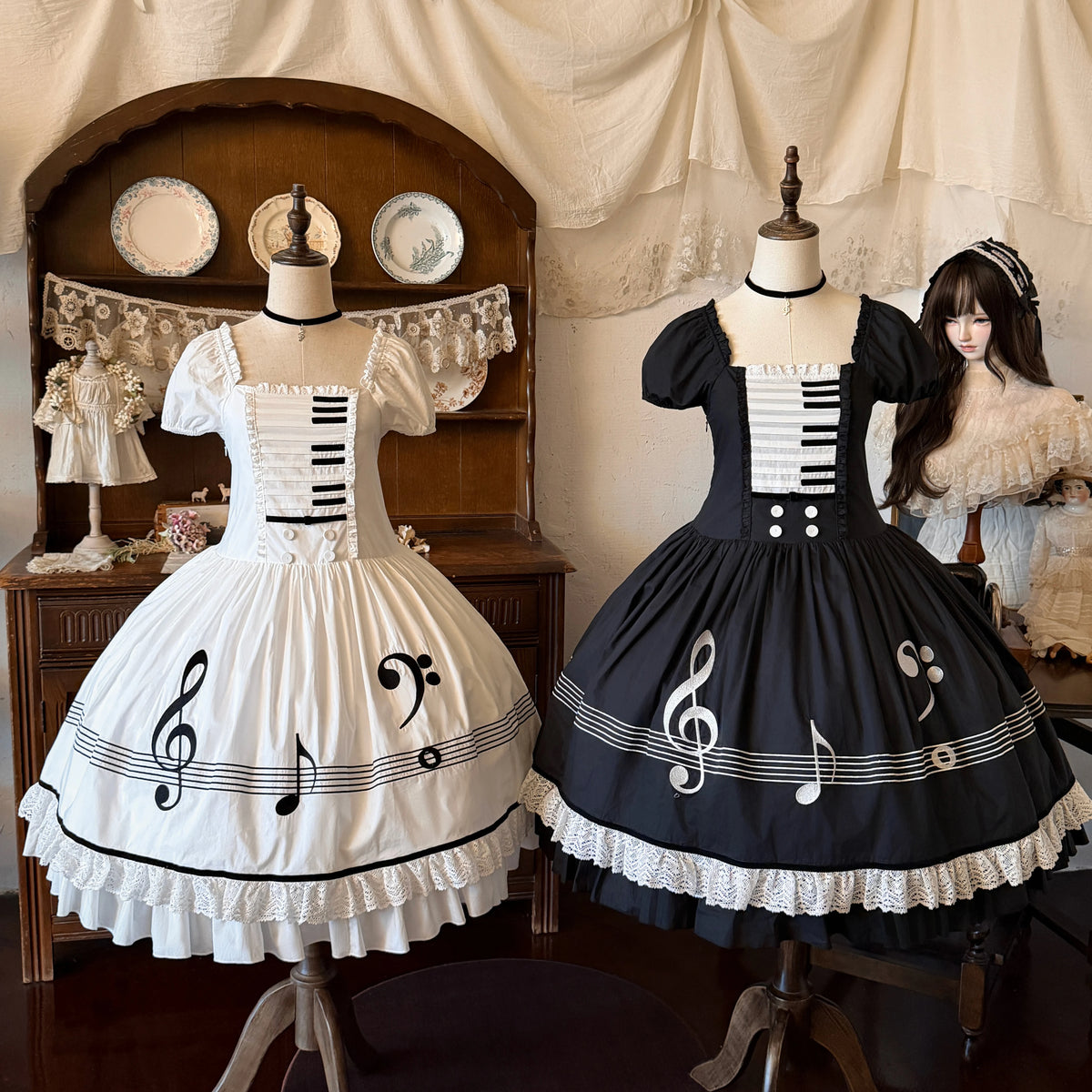 Piano's Letter - Cotton Old School Lolita OP Dress Set, Piano Note Embroidery 46029:873020