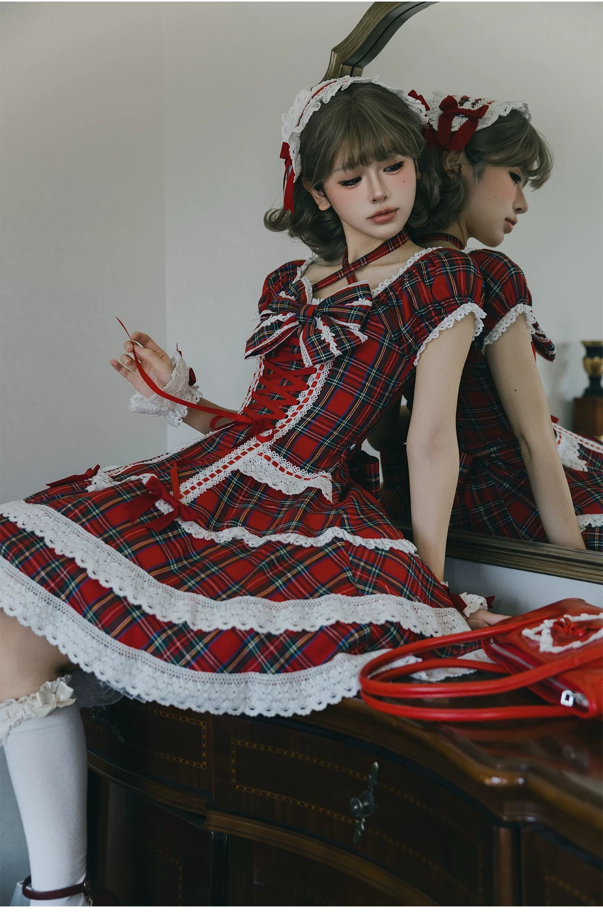 Showa Sweetheart - Old School Lolita OP Dress, Ruffled Lace Hem 45887:866787