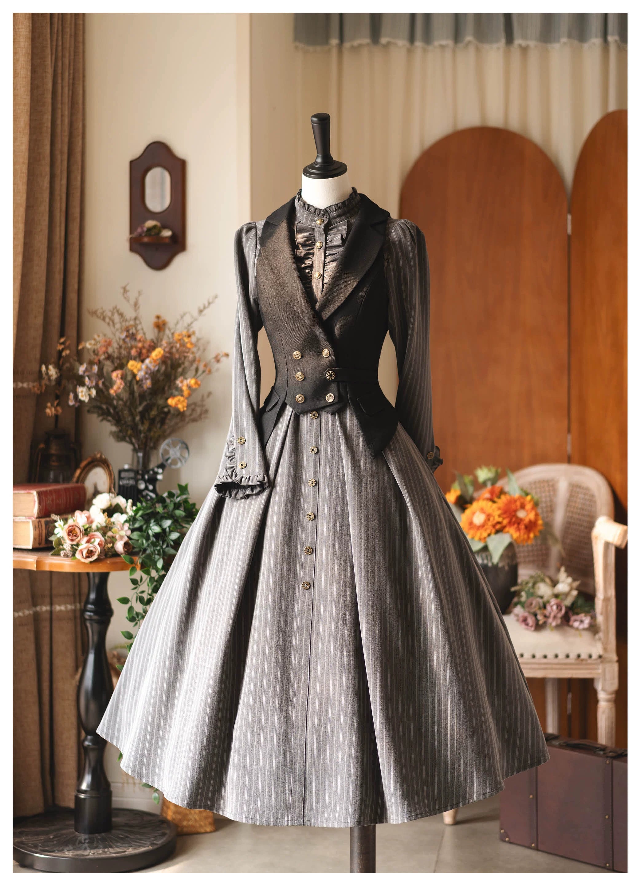 Forest Castle - Classic Lolita Long Striped Dress, Irregular Hem Vest 44441:809861