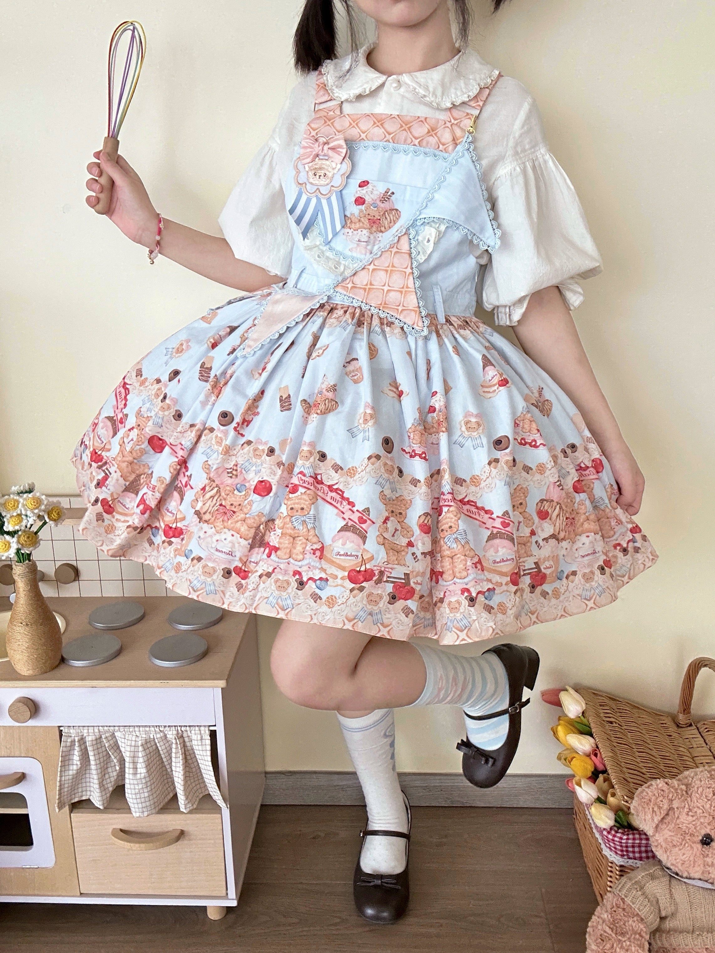 White Tea Story - Little Bear Bonny - Kawaii Lolita Salopette, Bear & Dessert Print Blue salopette + triangle bunting sash S