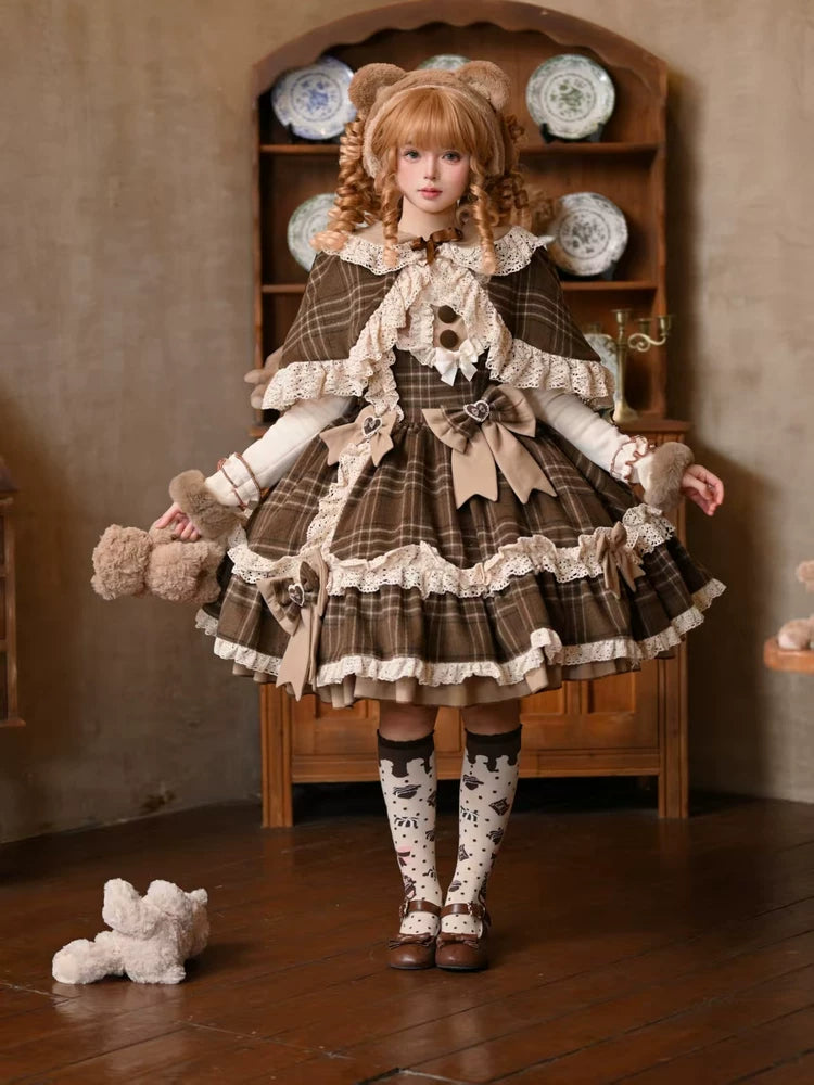 Choco Chestnut - Plaid Kawaii Lolita JSK Dress, Peter Pan Collar Cape (L M S) 44501:810615