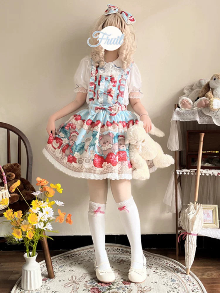 Bearberry Pastry Chef - Kawaii Lolita Salopette Dress, Bear & Strawberry Print