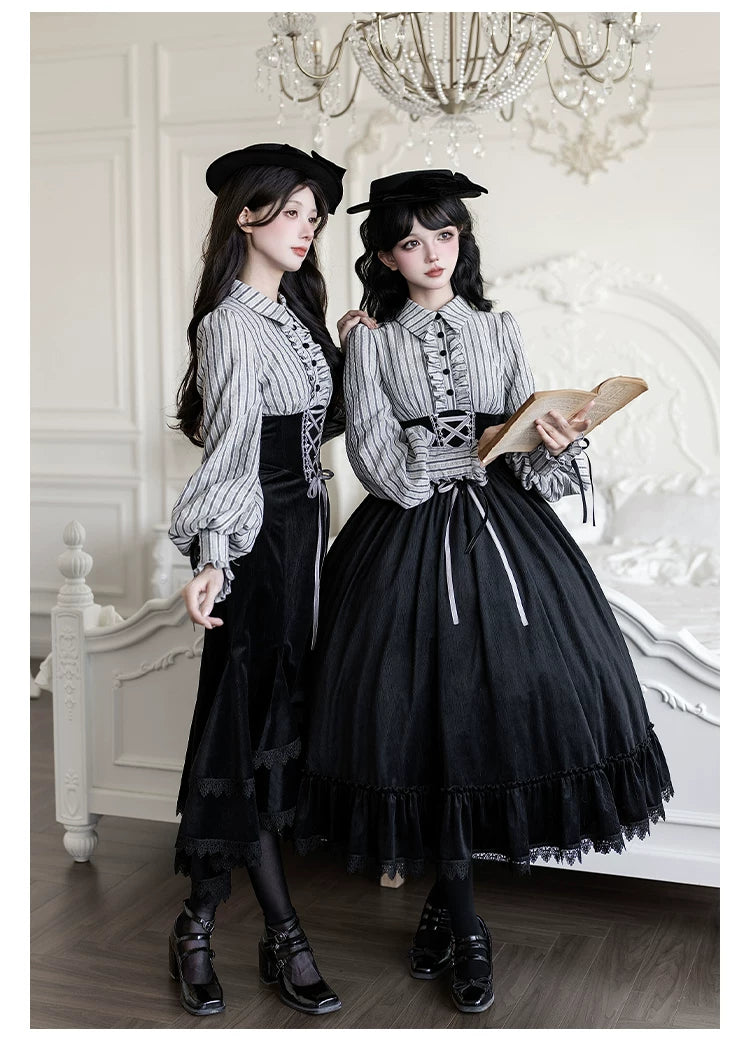 Dusk Moment - Classic Lolita Striped OP & Mermaid Dress Set, Fishbone Waist 44498:810686