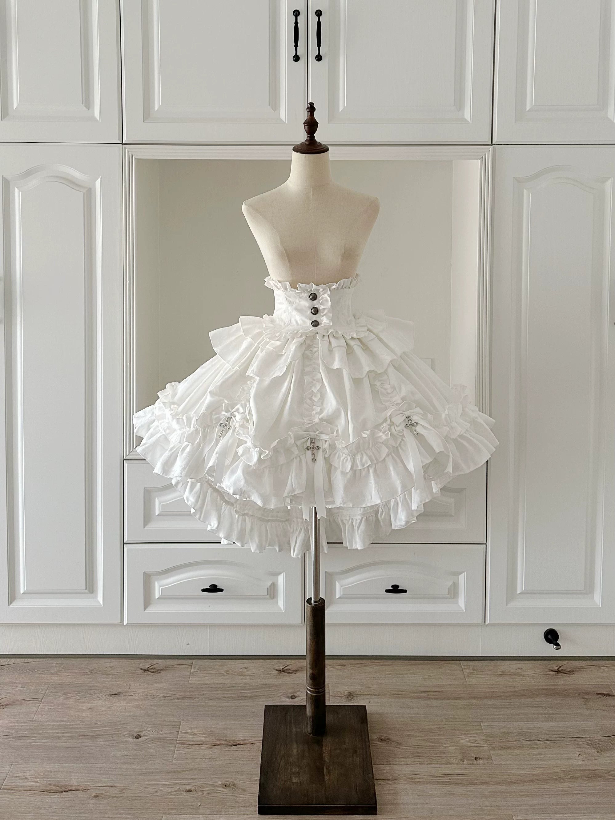 Cross Nocturne - Gothic Lolita Corset Dress Set, High-low Hem & Cross White Skirt - Short Version Only S