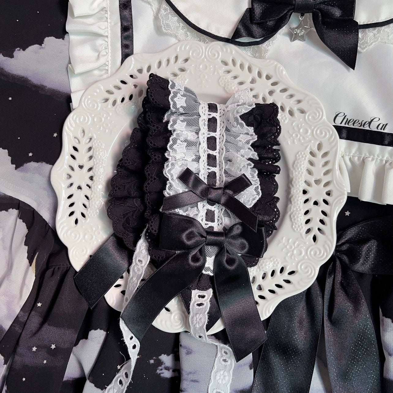 Cheese Cat - Sweet Lolita Headband Ribbon Bow Headbands Black and White - Black Bow