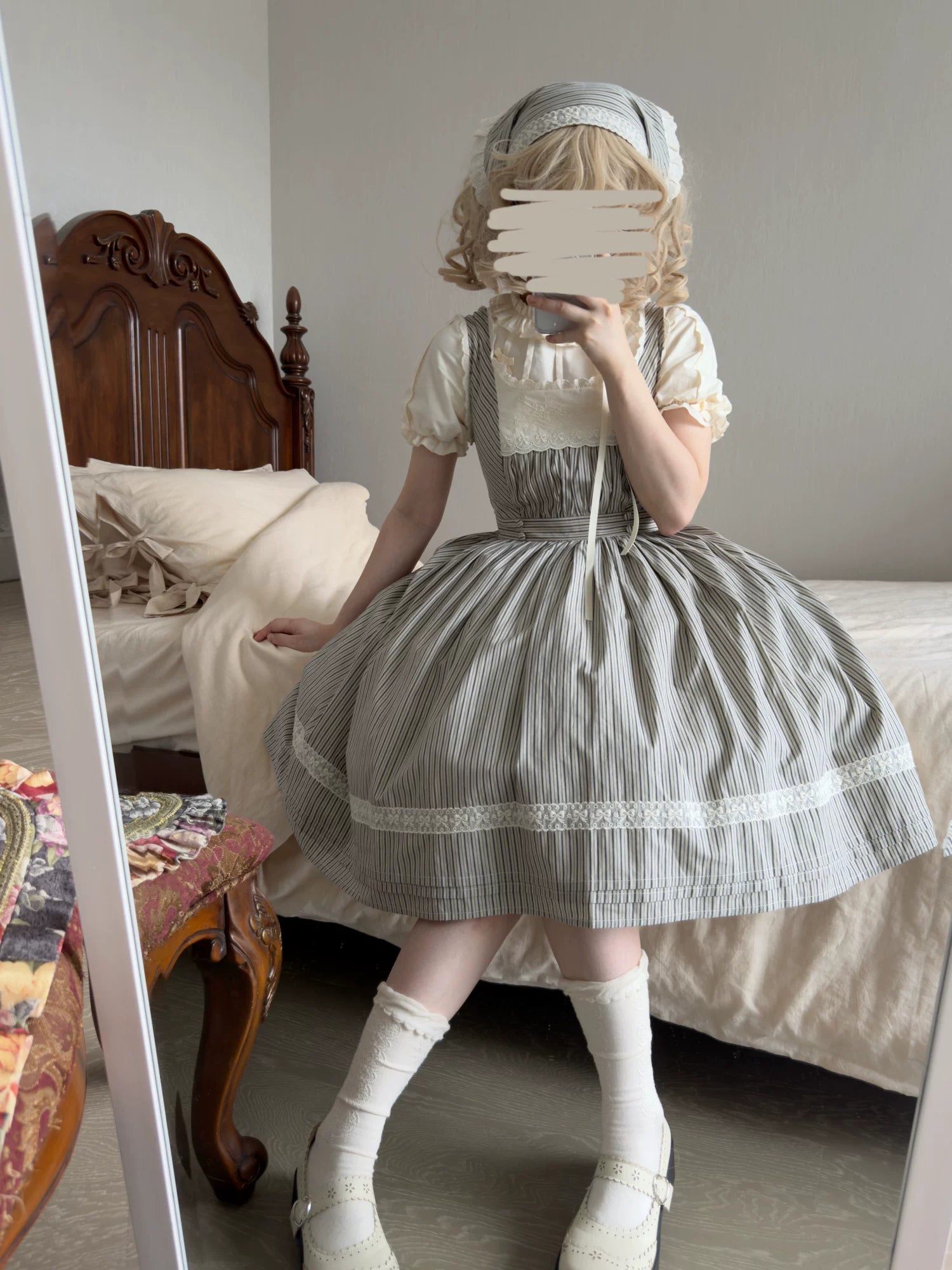 Stripe Minuet - Classic Lolita Striped JSK Dress, Embroidered Neckline 45317:844825