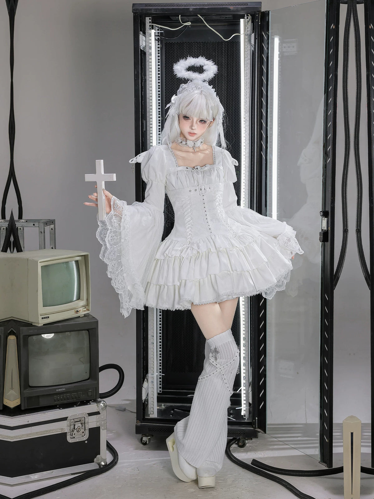 White Night Feather - Gothic Lolita OP Dress & Leg Warmers Set, Angel Cross Theme 46055:873979