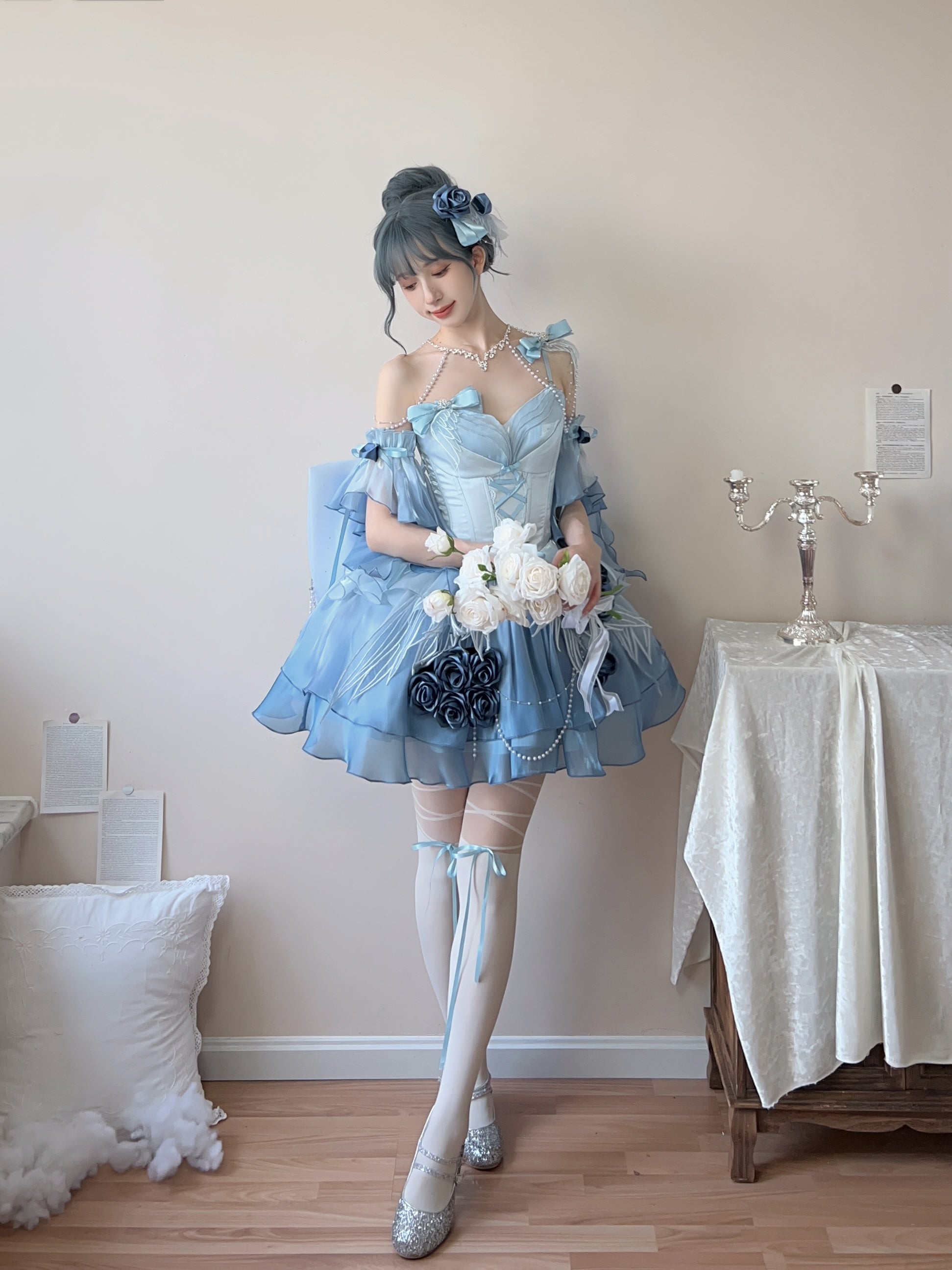 Meowing and fruity - Swan Fantasy - Fairy Lolita Short JSK Ballet-Style Jumper Dress Sky Blue - Single JSK Only S