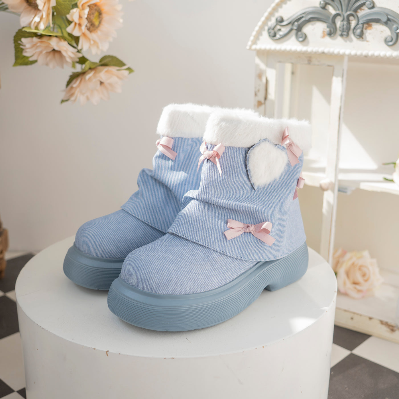 Dolly Doll~Ponyo~Winter Casual Lolita Boots Bow Thick Sole Shoes 34 Denim blue 