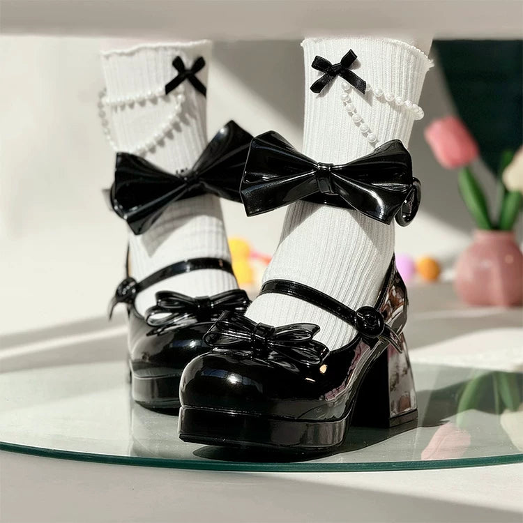 Covenant Doll - Sweet Lolita Chunky Heel Shoes, Detachable Bow Black - Patent Version 34